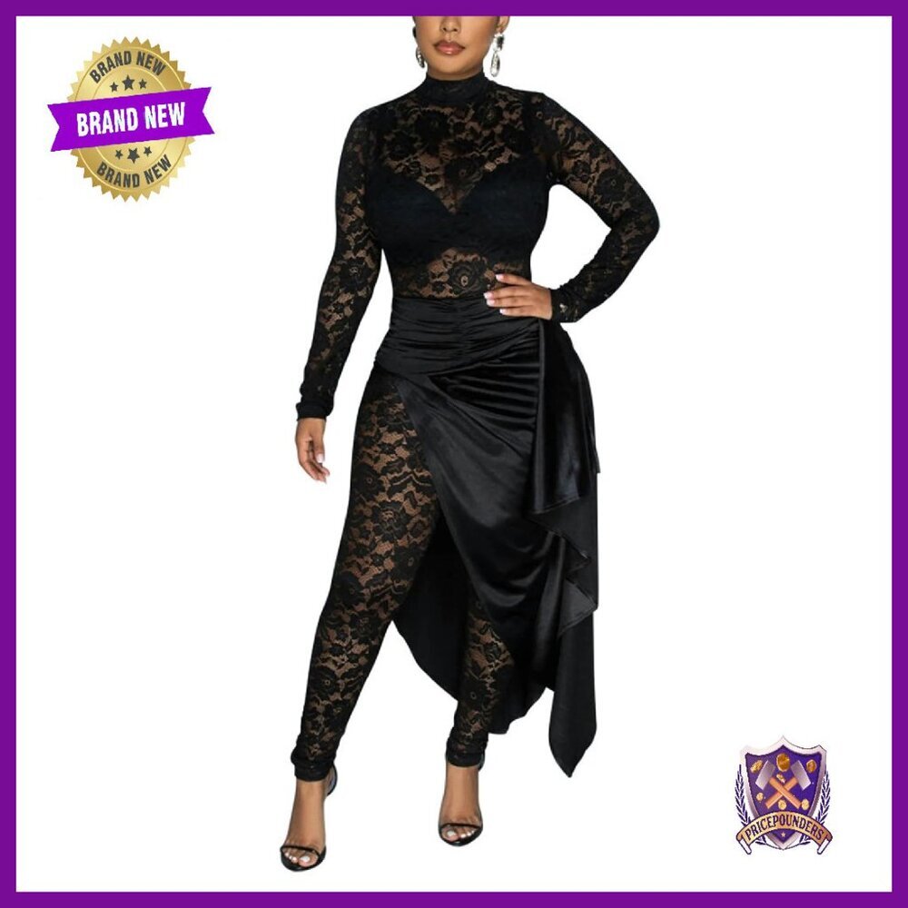 Lace See Through Jumpsuit Long Sleeve Pleated High Split Midi Skirt